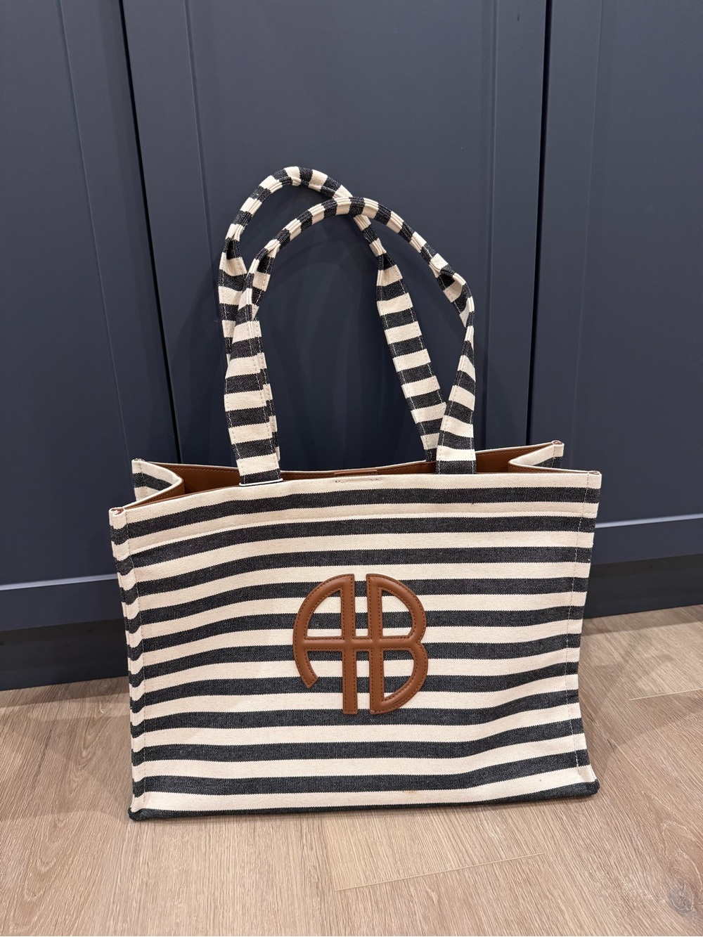 NWT Anine Bing Lara Tote Black & Natural Striped Canvas Tote with Brown AB Logo